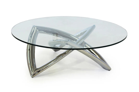 Glass coffee table with metal base on a white background