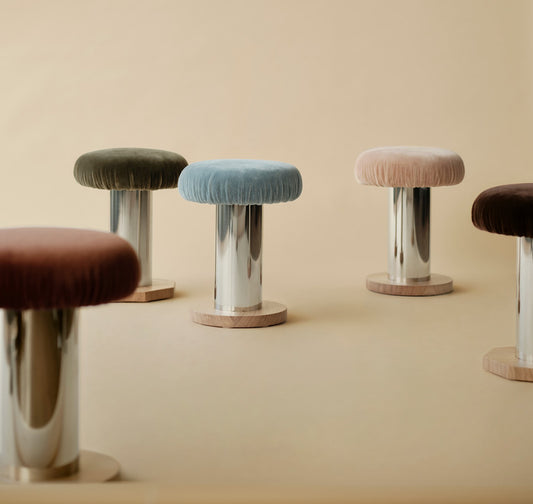 5 round metal stools covered in mohair/velvet fabric in blue, pink, green, chocolate and spice