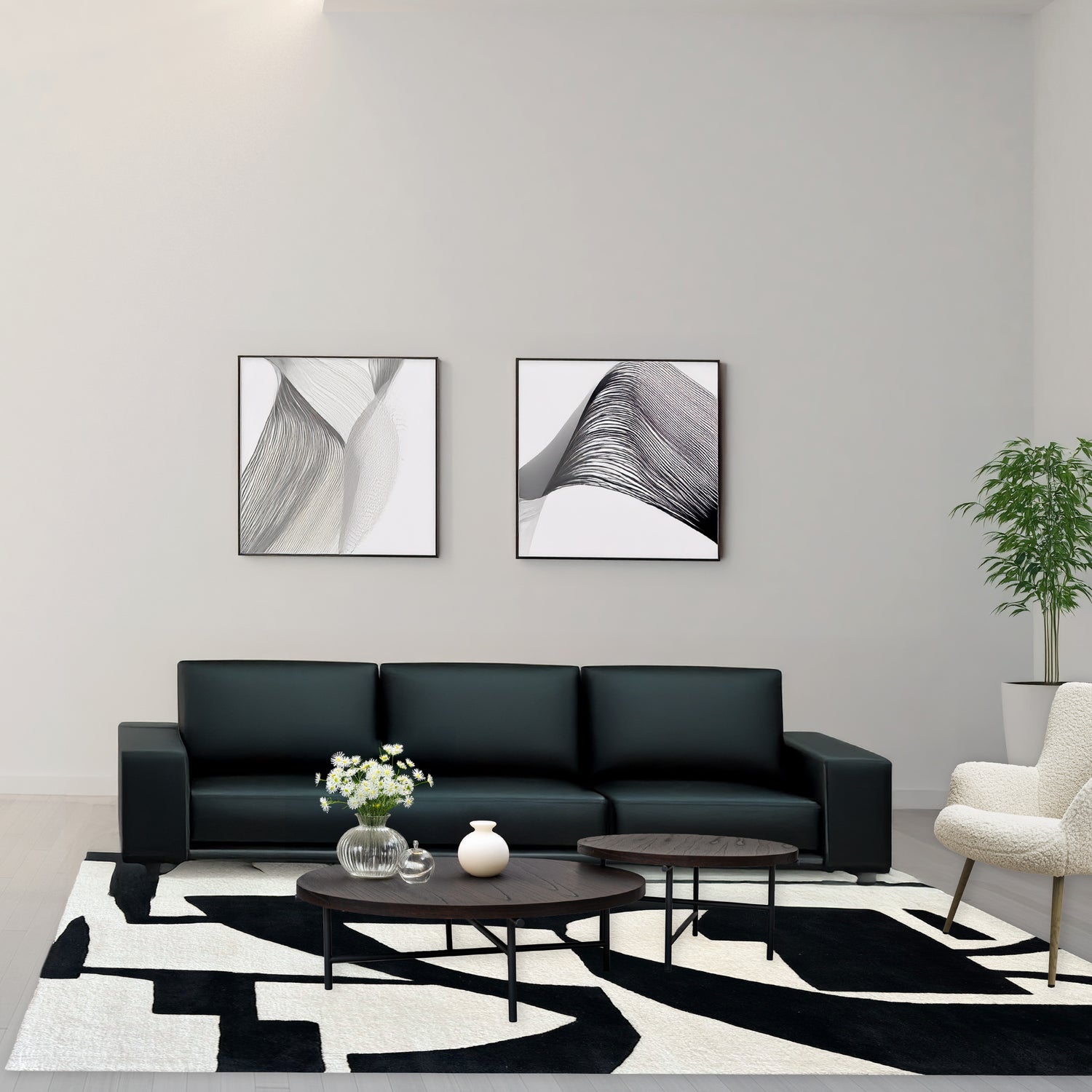 Modern living room with black sofa, abstract art, and geometric rug.