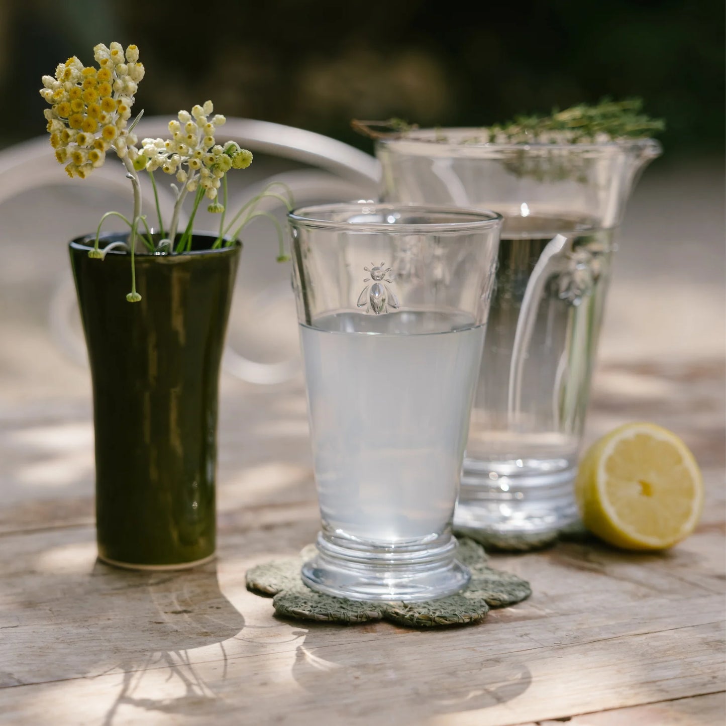 Clear glass with water, pitcher, lemon, and plant on a wooden surface