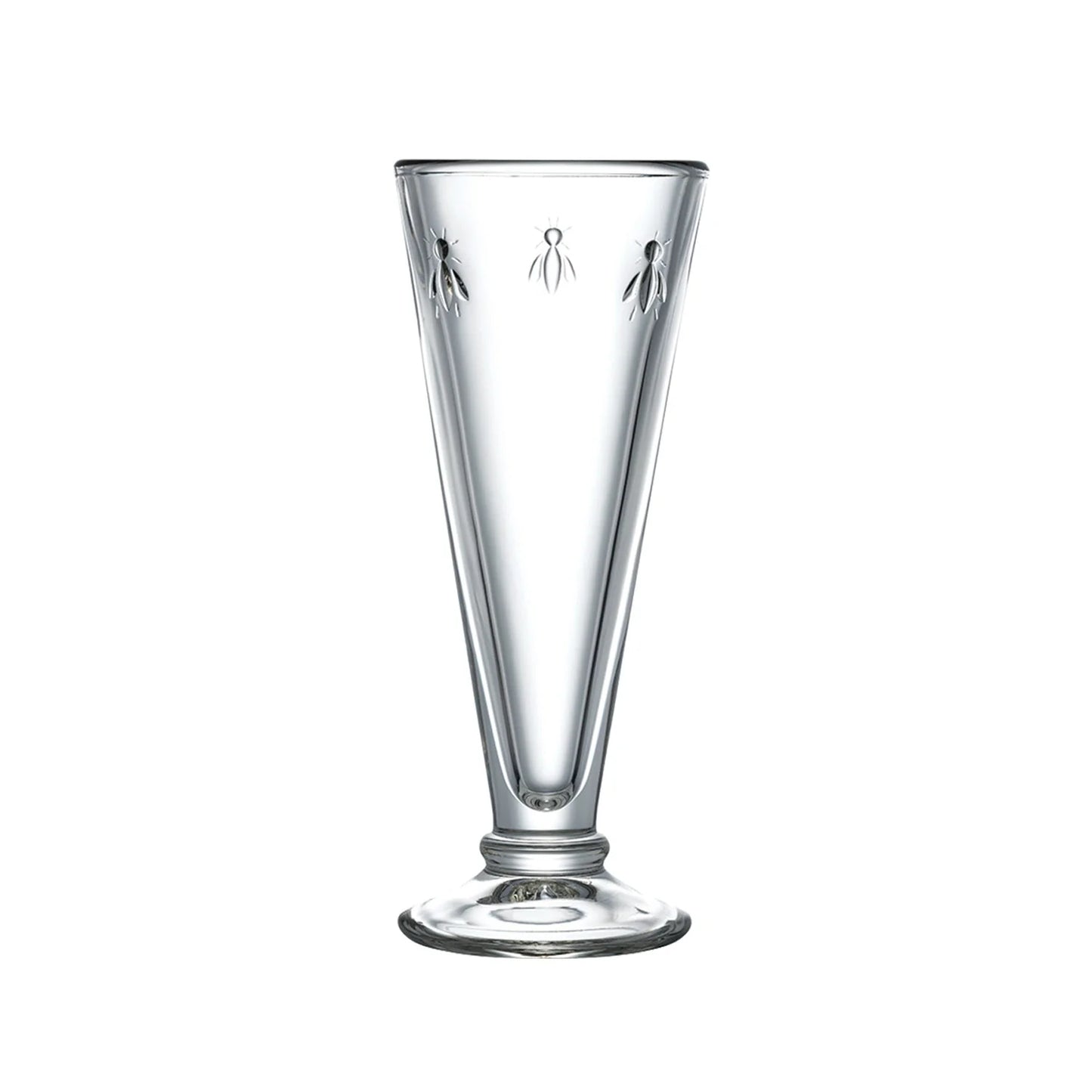 Clear glass with engraved designs on a white background