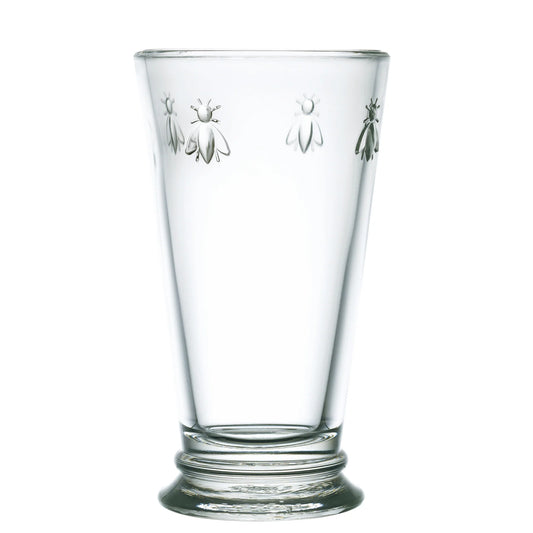 Clear glass with bee designs on a white background