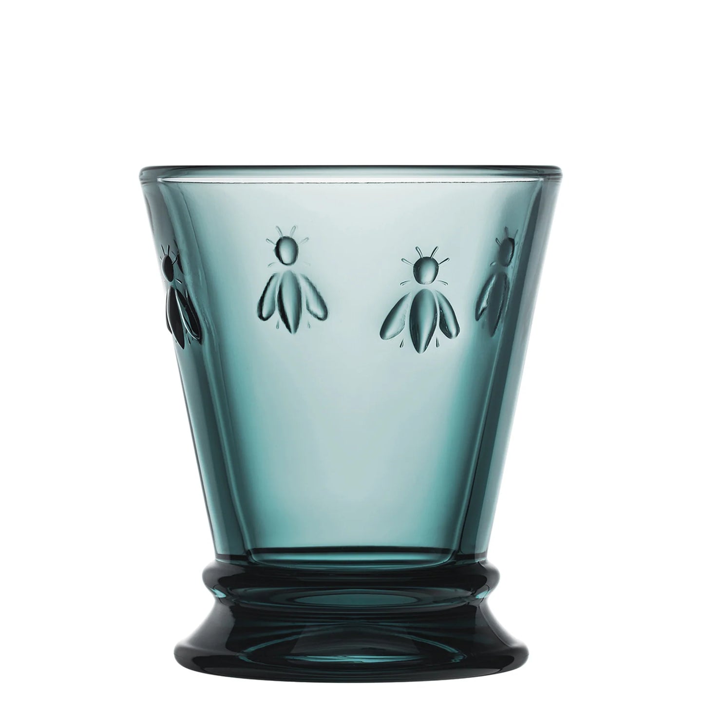 Blue glass tumbler with bee embossing on a white background