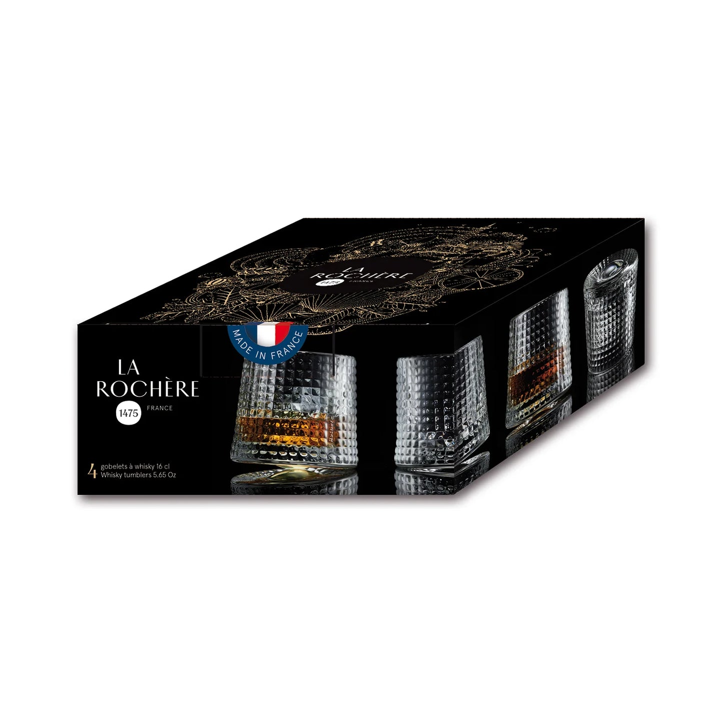 Packaging of La Rochère whiskey glasses with brand logo and product images.