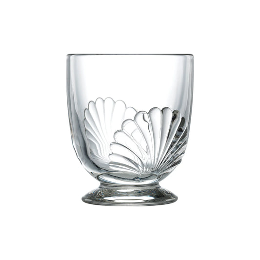 Clear glass with shell design on a white background