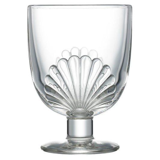 Clear glass with shell design on a white background