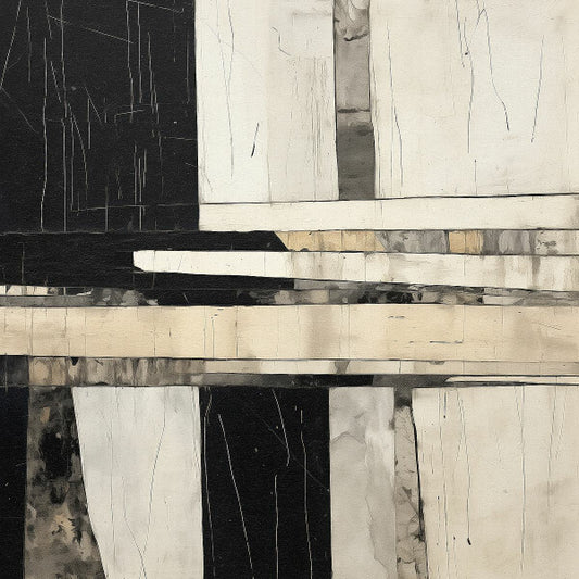 Abstract art piece with black, white, and gray horizontal stripes