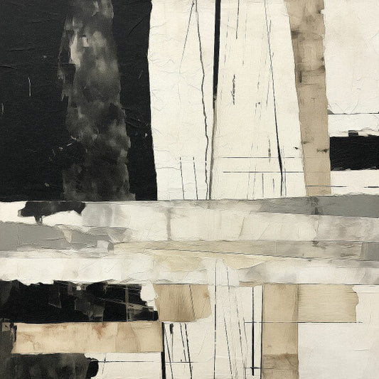 Abstract art piece with black, white, and beige color palette