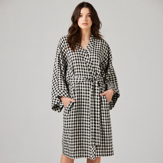 Black and White checked linen robe