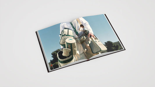 double page book spread with man h oling luxurious luggage and bags