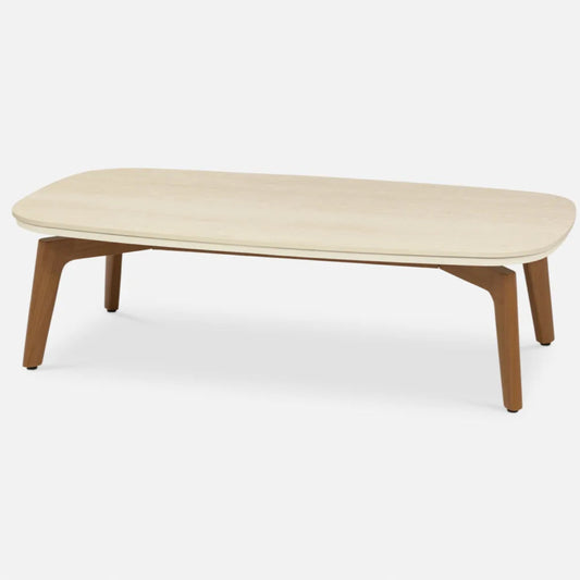 Beige travertine top outdoor table with teak effect legs on a white background