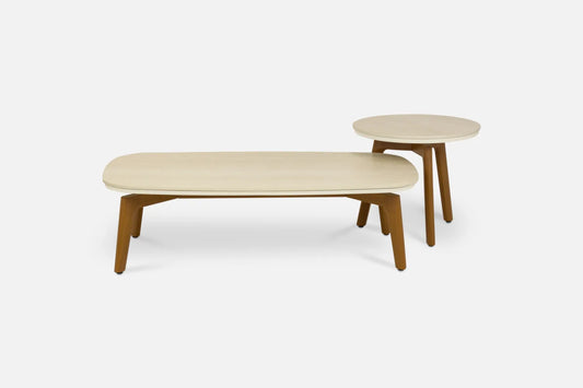 2 coffee tables with teak effect with a travertine ceramic beige top and brown legs on a white background