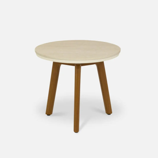 Round teak effect table with a travertine ceramic beige top and brown legs on a white background