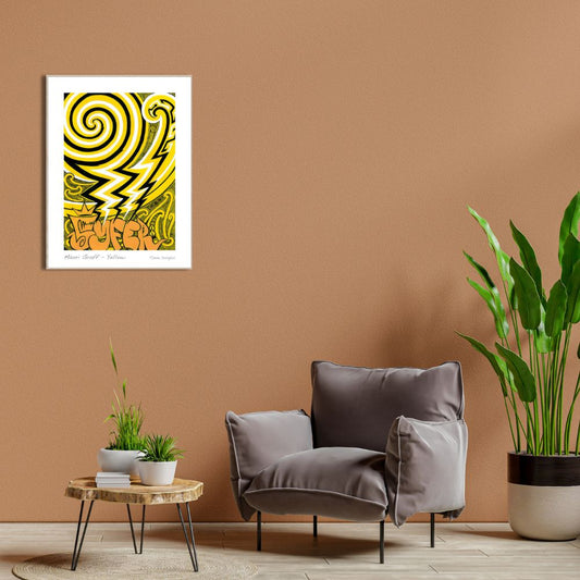 Living room with a gray armchair, small table, and potted plants against a brown wall with a framed abstract art piece.