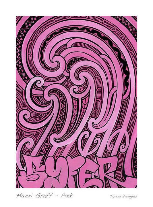 Pink Maori graffiti-style design with swirling patterns and text on a white background