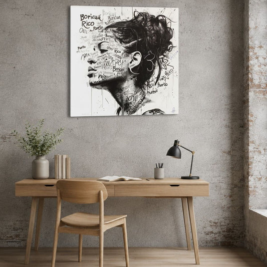 simple wooden desk and chair with a concrete wall behind featuring a large monochrome image of a womans face covered in graffiti