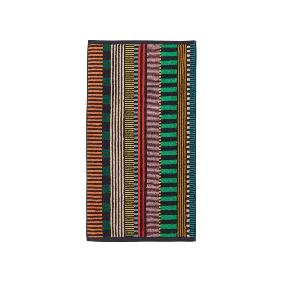 Colorful striped towel with vertical lines on a white background