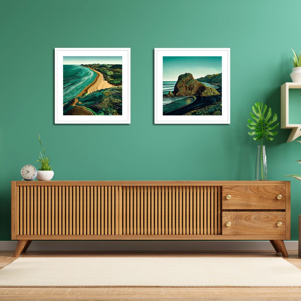 Wooden console table with decorative items against a green wall with framed artwork.