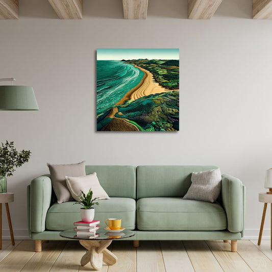 Living room with a green sofa, decorative pillows, and a large wall art piece of a beach scene.