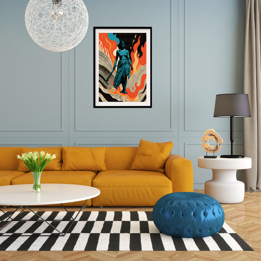 Samoan godess of war in stylised flame background on a duck egg blue panelled wall with a bright yellow sofa and blue leather pouff. Also show is a white coffee table with yellow flowers in a vase and a side white curvey side table with a round gold artifcat and black table lamp. Herringbone wooden floor and a black and white checkered rug