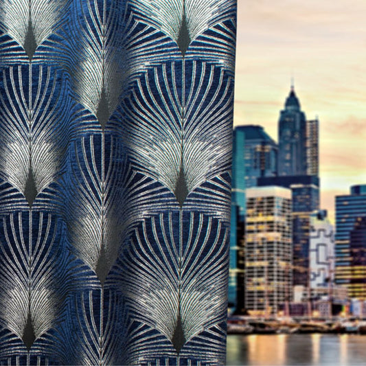 New York Fabric, Patterned fabric with art deco design next to a cityscape with tall buildings.