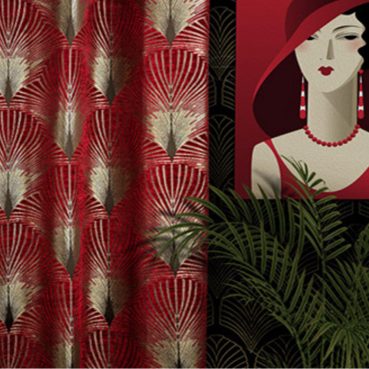 New York Fabric, Decorative fabric with geometric pattern and illustration of a woman wearing a red hat.