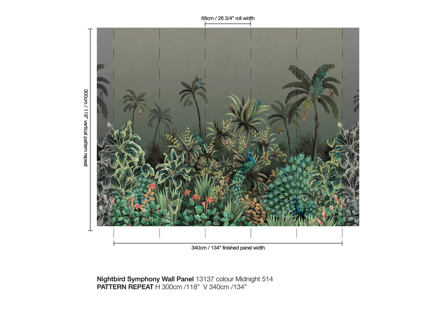 Tropical wall panel with dimensions and color information on a white background