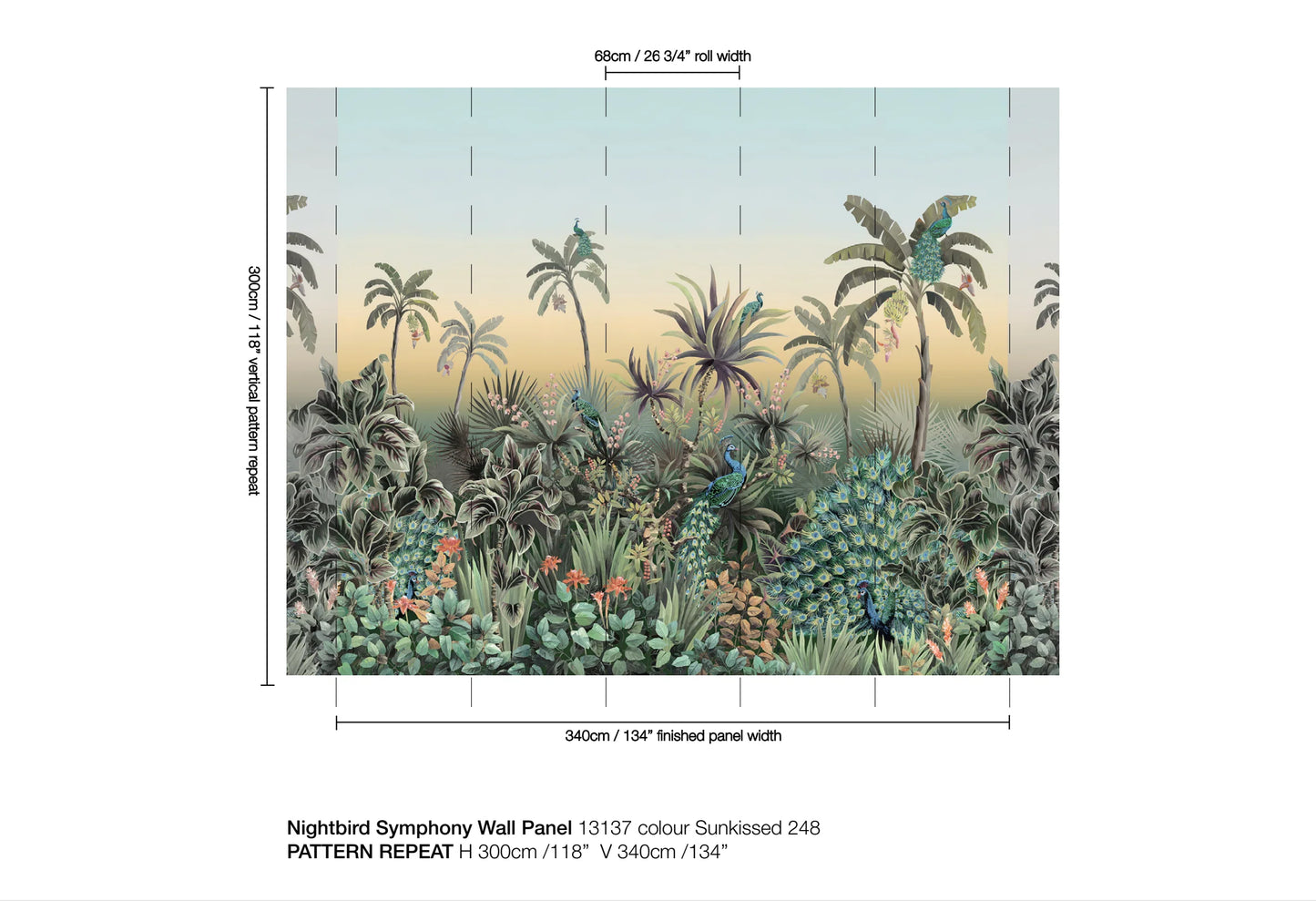 Tropical wall panel design with palm trees and plants, featuring measurements and pattern repeat information.