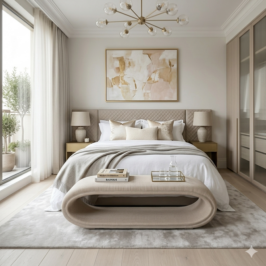 Luxurious modern bedroom with calm colours of beige, cream and white featuring a large bed with cream table lamps, white bed linen with a grey throw and an open oval cream bench seat at the foot of the bed. Trees are visible on the balcony through the window.