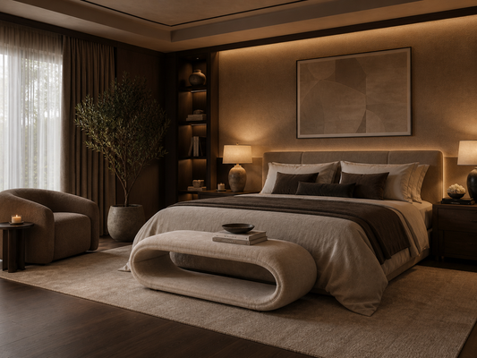 Luxurious modern bedroom with deep, warm colours of brown, chocolate, and beige featuring a large bed with porcelain table lamps each side, cream and brown bed linen and an open oval cream bench seat at the foot of the bed.
