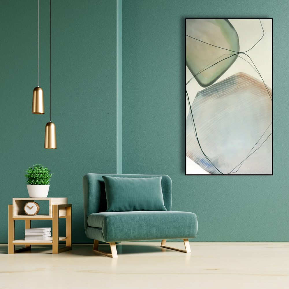 Modern living room with teal armchair, abstract art, and pendant lights.