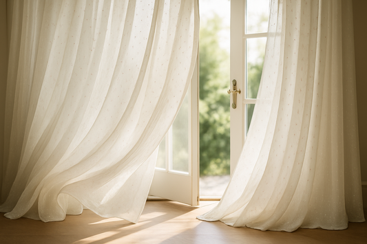 Sheer white curtains in front of a glass door with a view of greenery.