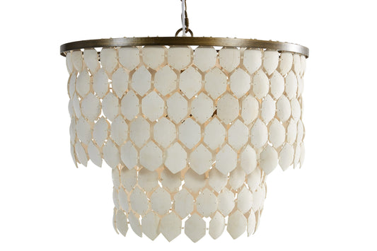 Chandelier with white shell-like design on a white background