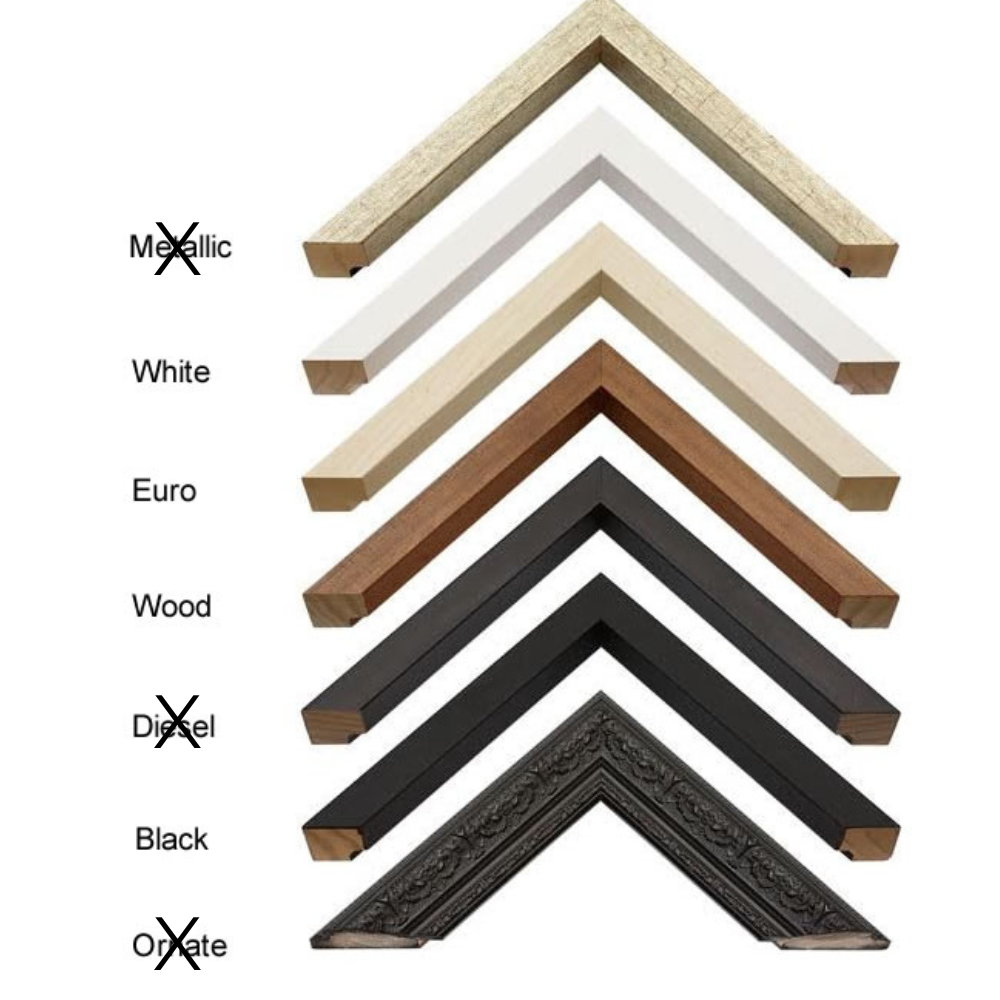 Collection of wooden picture frames in various styles and finishes on a white background.