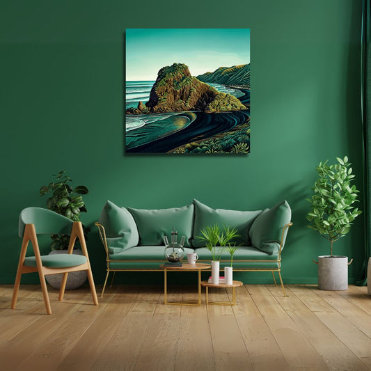 Living room with green walls, a green sofa, and a painting of a coastal scene.