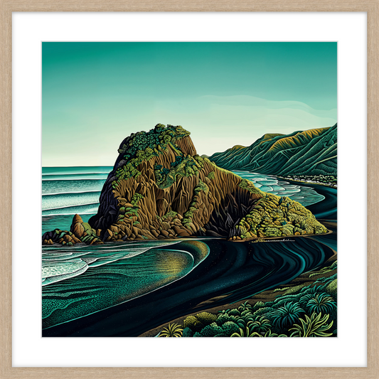 Framed artwork of a coastal landscape with a large rock formation and ocean waves.