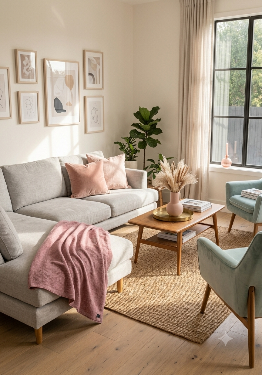 A bright, modern living room featuring a light gray sectional sofa with pink throw pillows and a dusty pink blanket, a wooden coffee table, a woven rug, and a mint green accent chair near a large window.