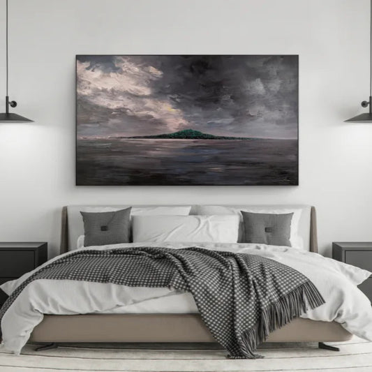 Modern bedroom with a large wall art piece above the bed.