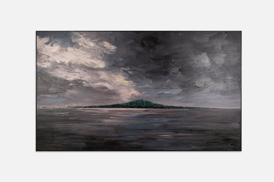 Painting of a mountain peak with a dark sky and water below