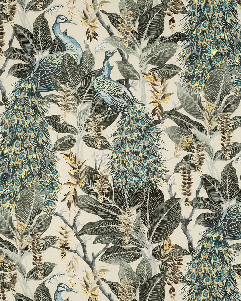 Patterned fabric with peacocks, leaves, and flowers on a neutral background