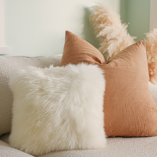 Two decorative throw pillows on a textured cream sofa: one fluffy faux fur pillow in off-white and one solid dusty peach pillow, with pampas grass in the background.