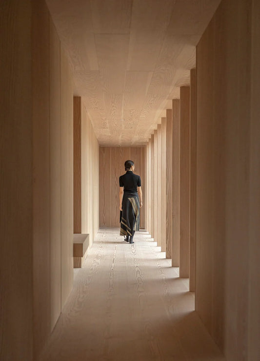 Person walking down a long, narrow hallway with columns