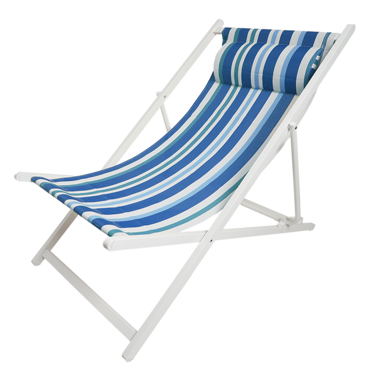 Blue and white striped beach chair with white frame on a white background