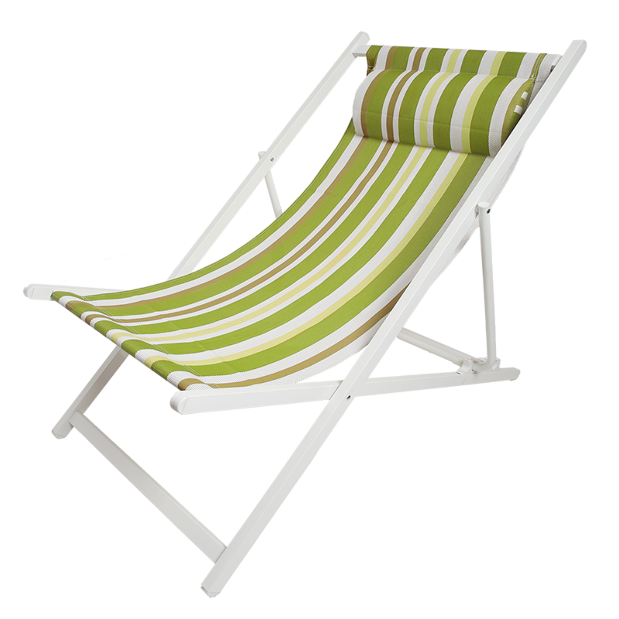 Striped beach chair with green and white pattern on a white background