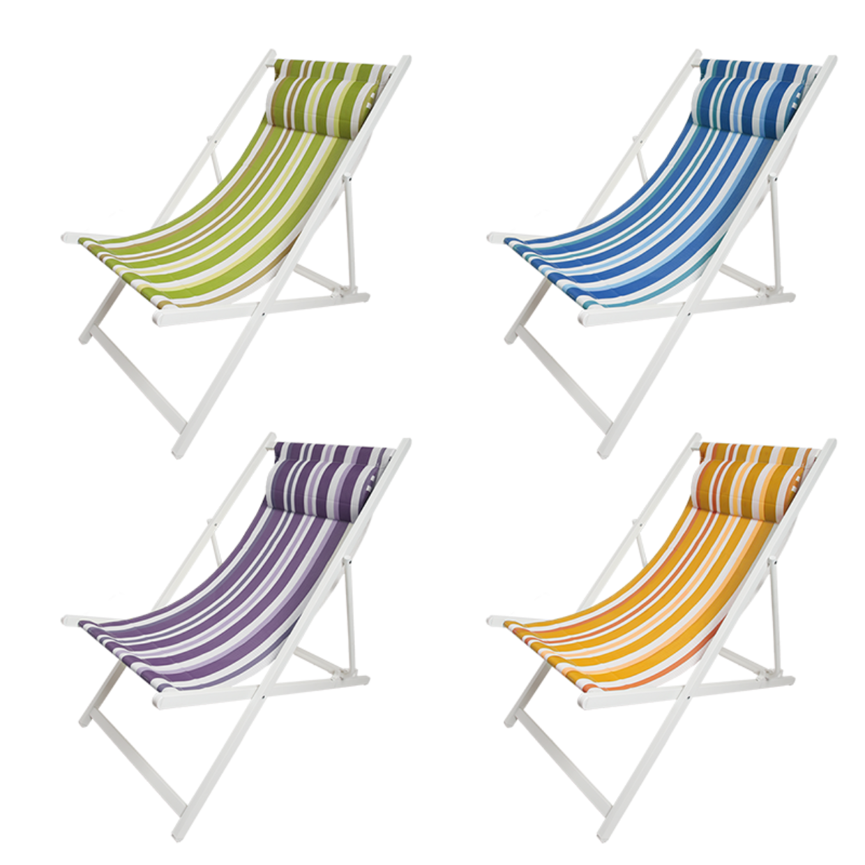 Four colorful striped deck chairs on a white background