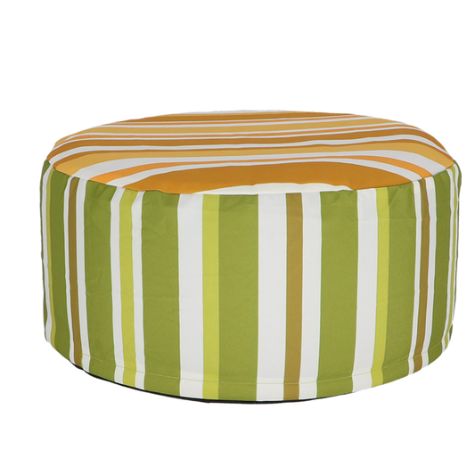 Striped ottoman with orange, green, and white pattern on a white background