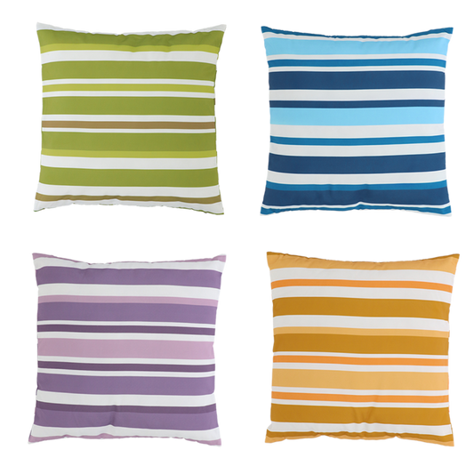 Four striped pillows in green, blue, purple, and orange on a white background