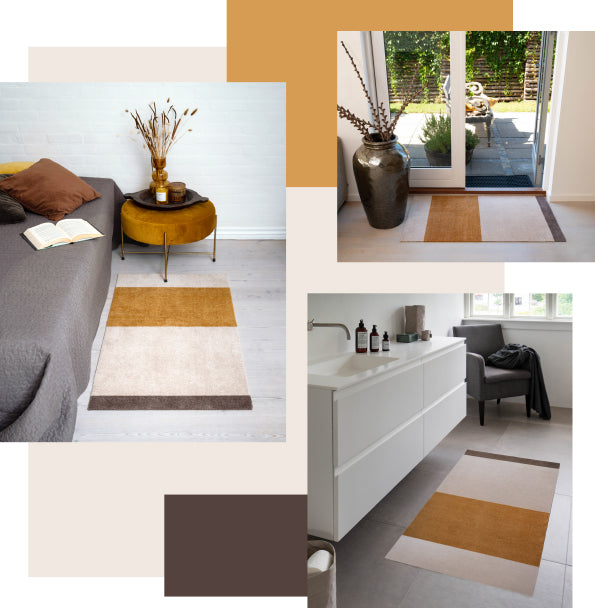 Collage of a modern living room with a patterned rug, a bathroom with a sink, and outdoor view.