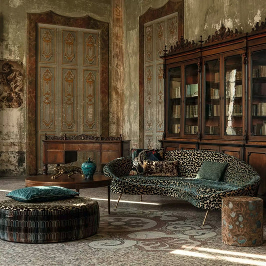 Faded luxury manor lounge featuring modern furniture pieces covered in the Talisman fabric and Cosmic Kiss collection by Carlucci