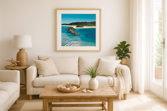 Coastal painting with correct proportions in coastal themed lounge room